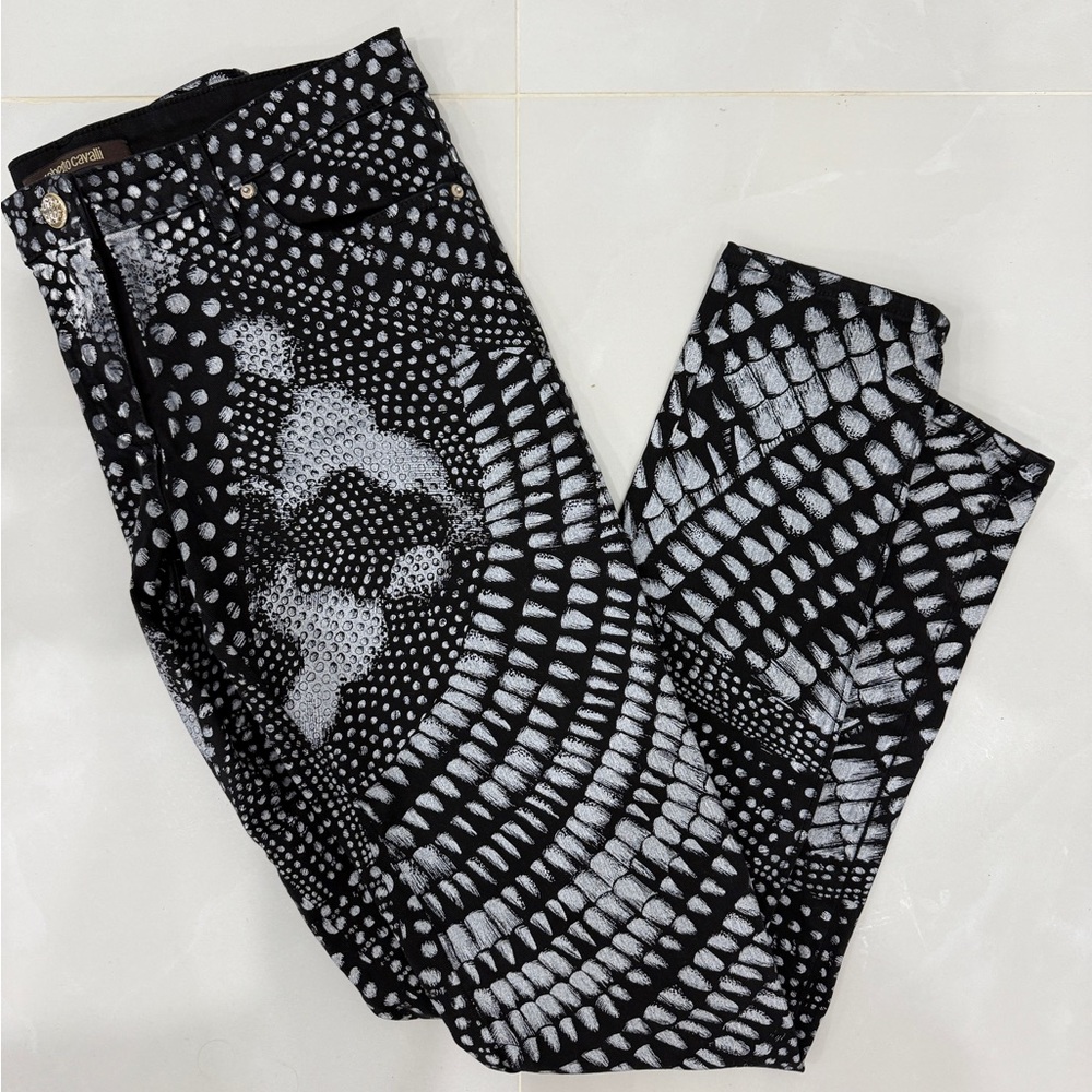 Roberto Cavalli Y2K Black Grey Pattern Print Stretch Jeans Size 30 (US 8)
